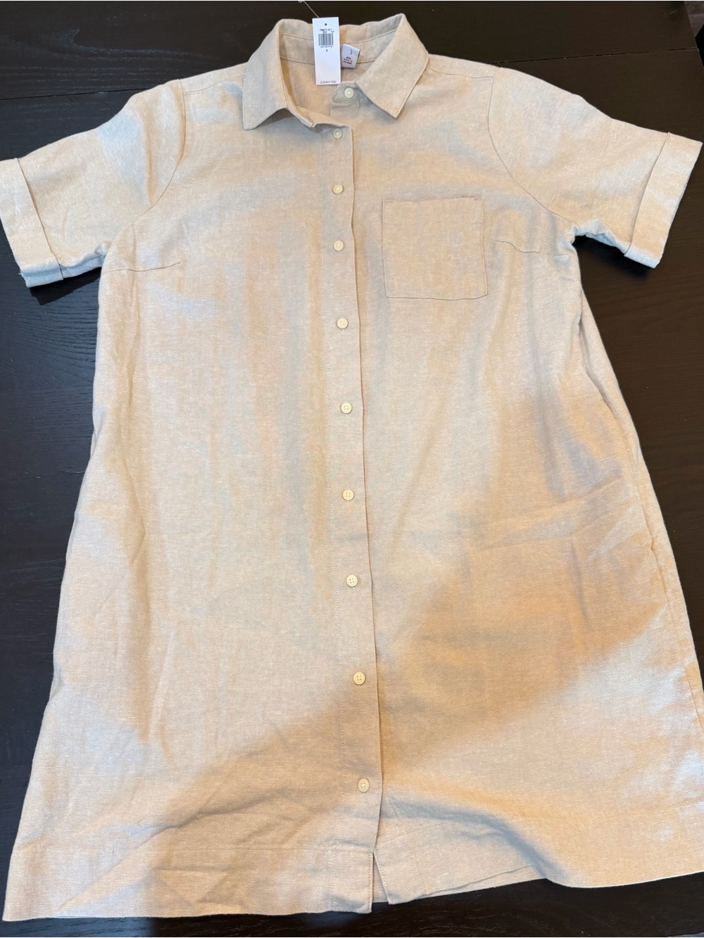 Short-Sleeve Button-Front Shirt Dress in Light Beige